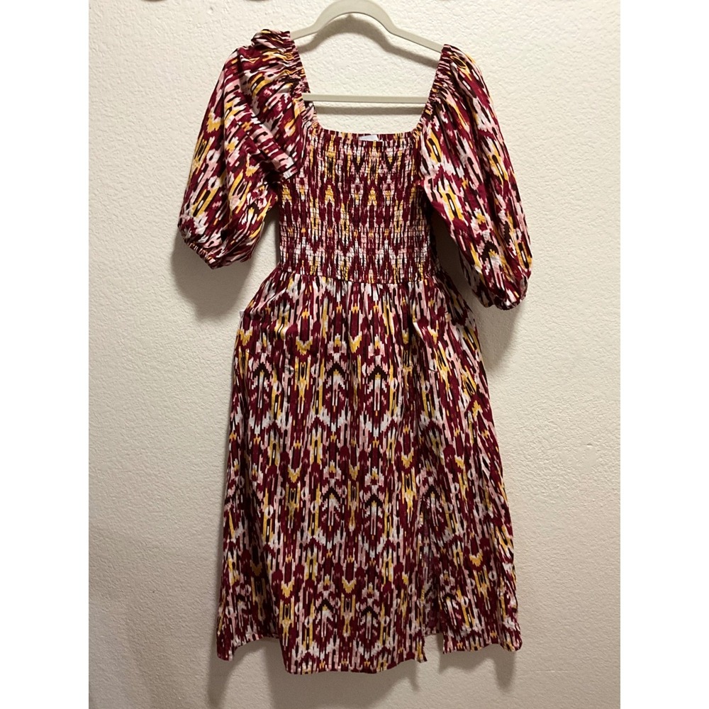Piper Smocked Puff Sleeve Midi Dress Burgundy Ikat Print Square Neck Size 10